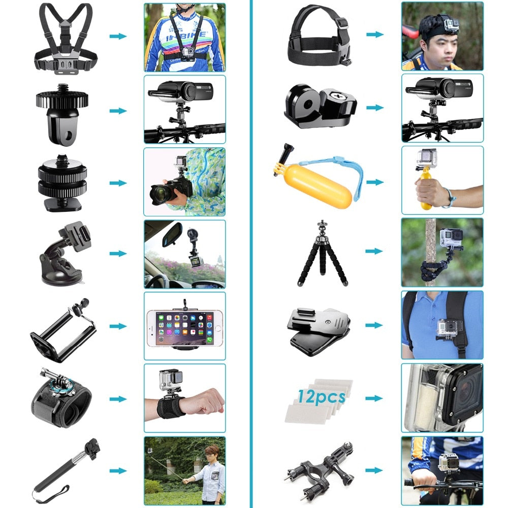 Action Camera Accessories Kit for GoPro Hero 8 Max 7 6 5 4 Black GoPro 2018 Session Fusion DJI AKASO APEMAN Campark SJCAM